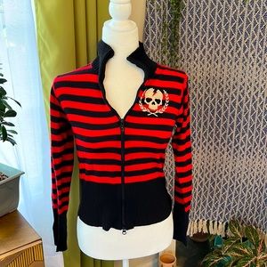 Black Red Zip Up Skull Sweater